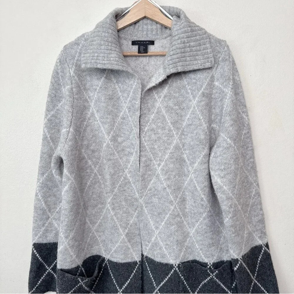 Tahari Womens Xlarge Argyle Long Grey Open Cardigan - Picture 4 of 15